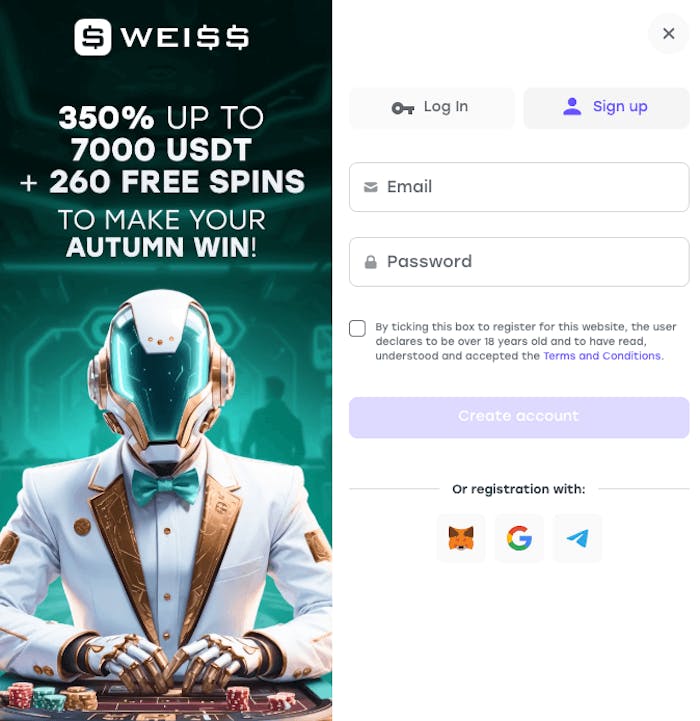 Skapa ett konto hos Weiss Casino genom att fylla i din e-postadress samt välja lösenord. Även registrering via Google är möjligt.