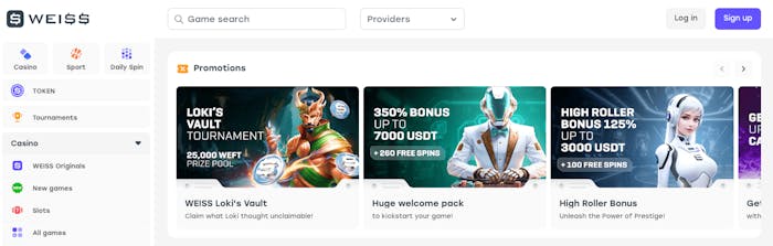 Bonusar, kampanjer och turneringar är i fokus när man surfar in på Weiss Casino. Bland annat välkomspaketet och high roller bonusen lyfts fram.