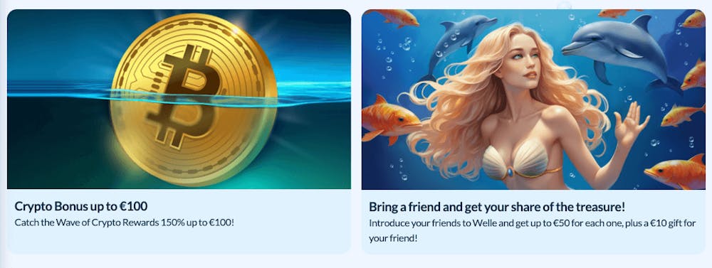 Två aktuella bonuserbjudanden hos Welle Casino: Crypto bonus på upp till 100 euro samt Bring a friend och få upp till 50 euro för var och en.