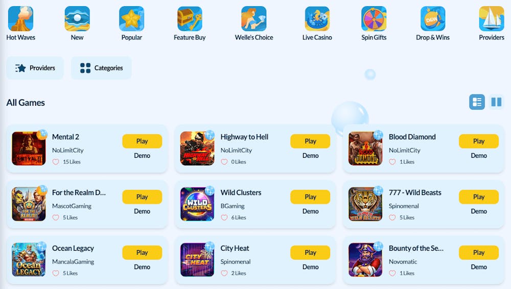 Här listas alla spel hos Welle Casino. Högst upp skymtas smarta snabbval som Hot Waves och Welle's Choice och längre ner finns listan med samtliga speltitlar. Bland titlarna finns bland annat Ocean Legacy och Blood Diamond.