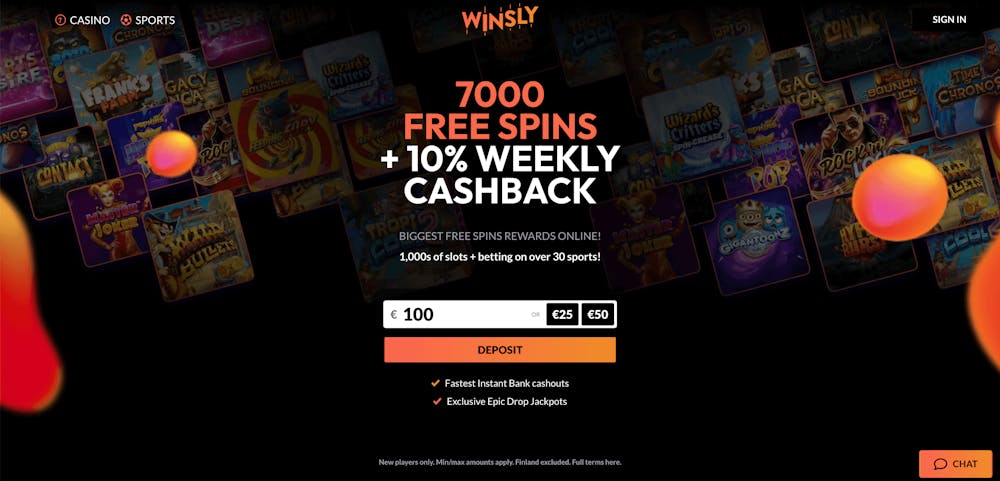 Winsly Casinos förstsida med ett stort erbjudande presenterat.