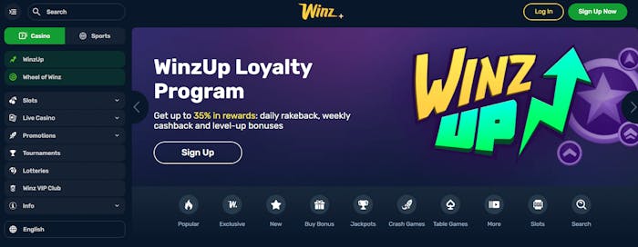 Startsidan hos Winz.io Casino.