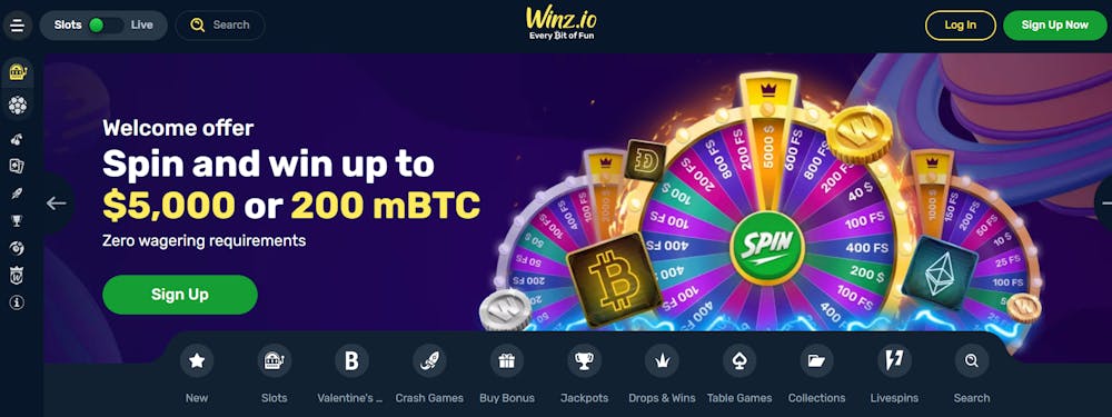 Startsidan hos Winz.io Casino