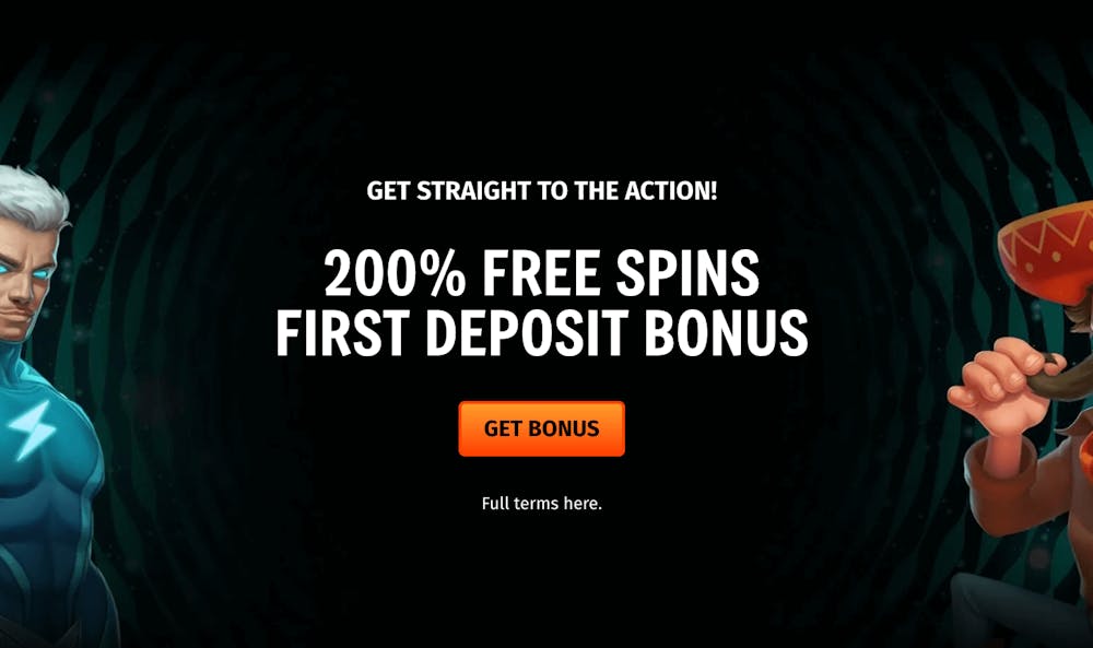 Erbjudande om 200% free spins bonus vid första insättningen.