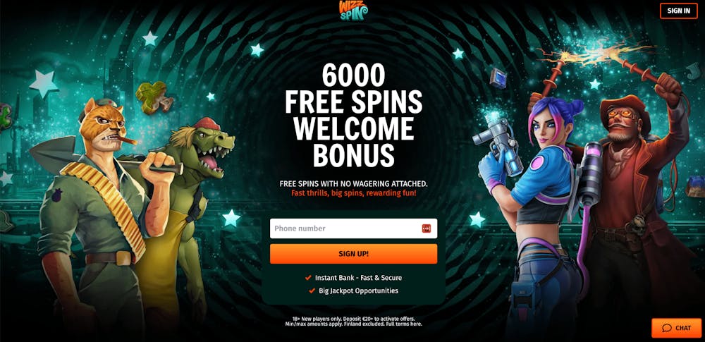 Första sidan du möts av på Wizz spin casino.