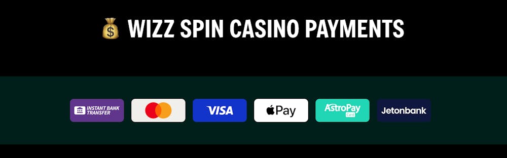 Lista över de vanligaste betalningsmetoderna på Wizz Spin Casino.