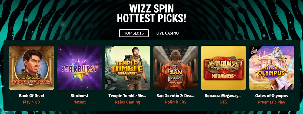 Lista med de mest populära slotsen hos Wizz Spin Casino.