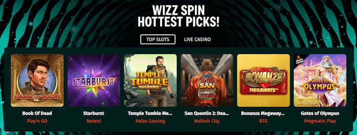 Lista med de mest populära slotsen hos Wizz Spin Casino.