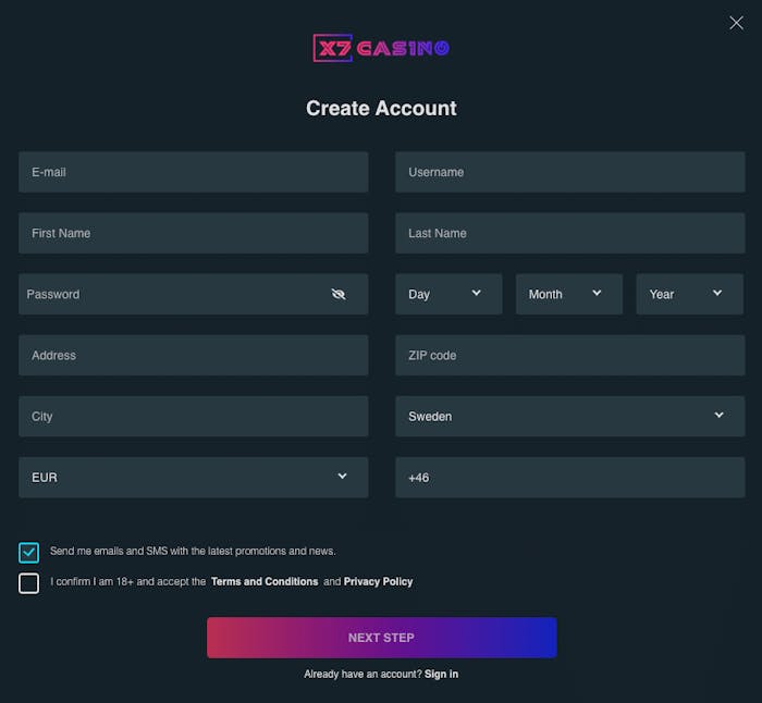 Här visas registreringsformuläret hos X7 Casino. Fyll i uppgifter som e-postadress, användarnamn, namn, efternamn, lösenord, adress och land. Klicka sedan på knappen Next Step som är placerad längst ner.