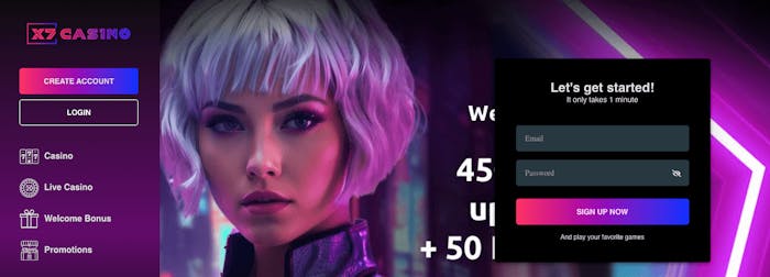 På startsidan hos X7 Casino finns menyn till vänster som visar att det finns såväl casino som live casino, samt olika bonuserbjudanden. Till höger är registreringsrutan placerad. Temat är futuristiskt med fokus på neonfärger.