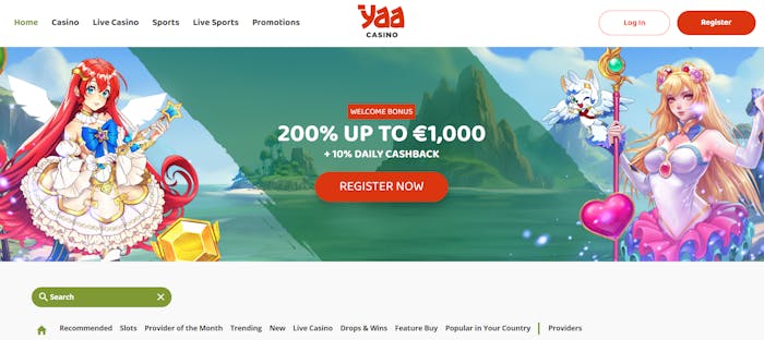 Startsidan hos YaaCasino.