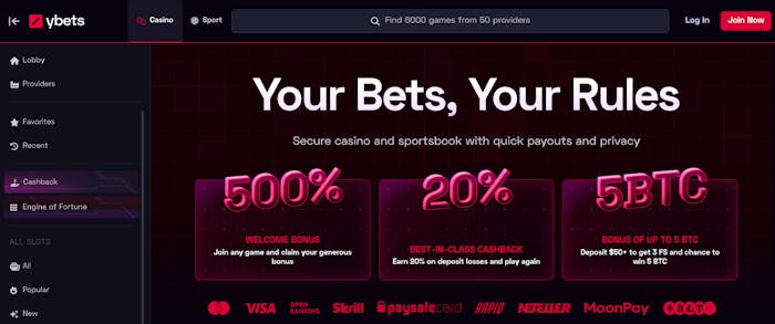 På Ybets startsida visas såväl antalet spel som bonuserbjudanden. Här syns även de tillgängliga betalningsalternativen för insättningar och uttag.