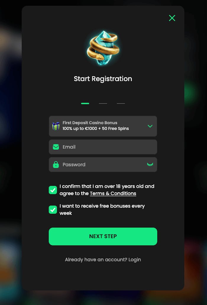 Steg 1 i registreringsprocessen hos Zip Casino kräver uppgifter som e-postadress och lösenord. Bocka i rutorna för att acceptera villkoren samt för att ta emot bonusar varje vecka. Genom att klicka på Next Step kommer man till steg 2.