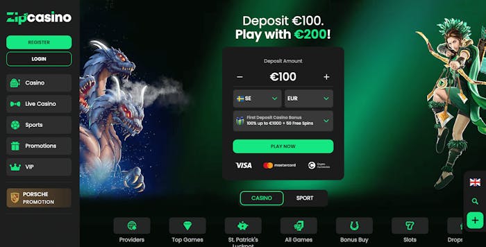 Hjältar och drakar är temat hos Zip Casino. På startsidan skymtas dessa karaktärer, men också välkomstbonusen samt vilka spel som finns. Insättningsrutan är placerad i mitten, medan login- och registreringsknappen finns uppe till vänster ovanför menyn.